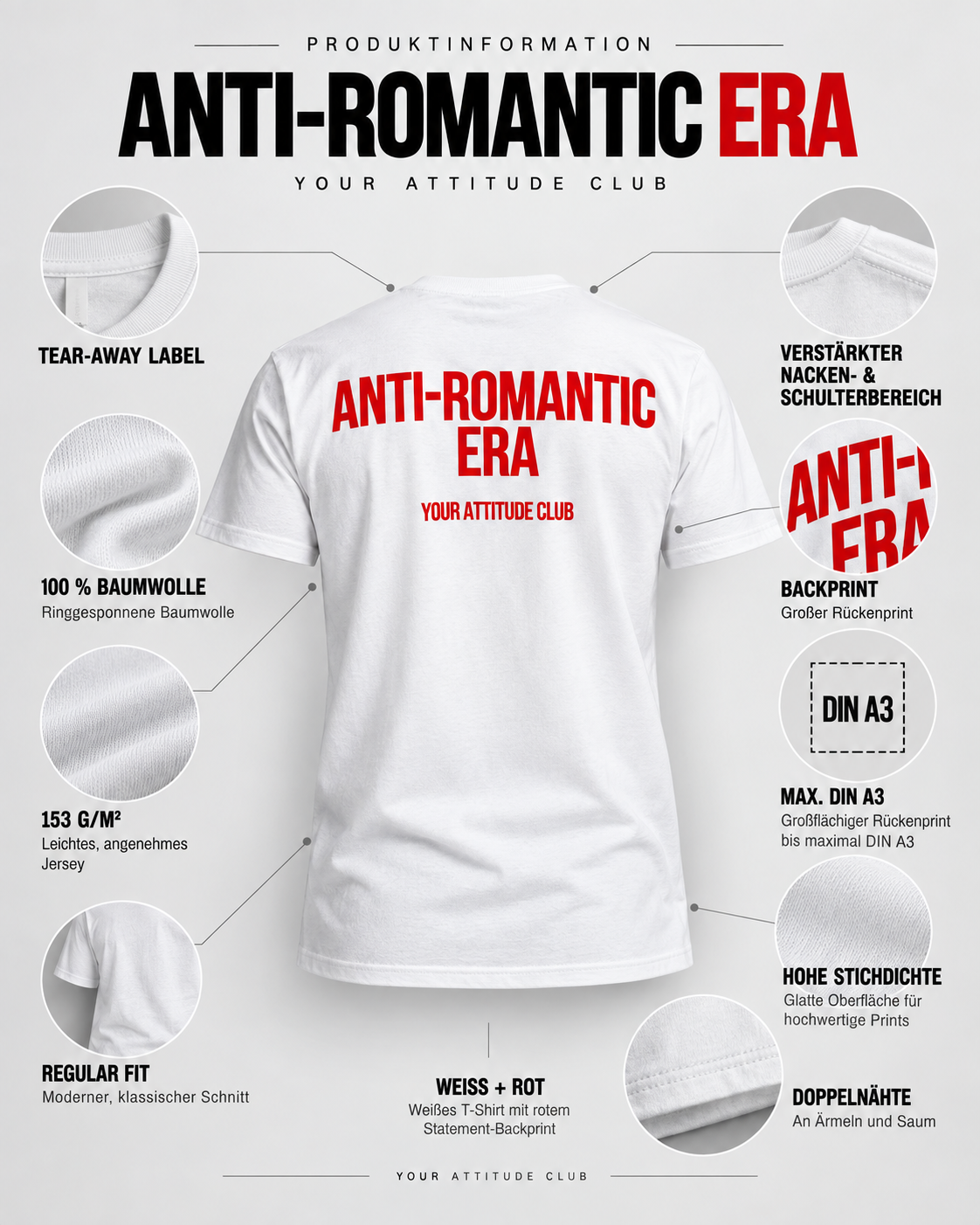 ANTI-ROMANTIC ERA – Unisex Statement T-Shirt Weiß mit rotem Backprint | freches Sprüche Shirt für Erwachsene
