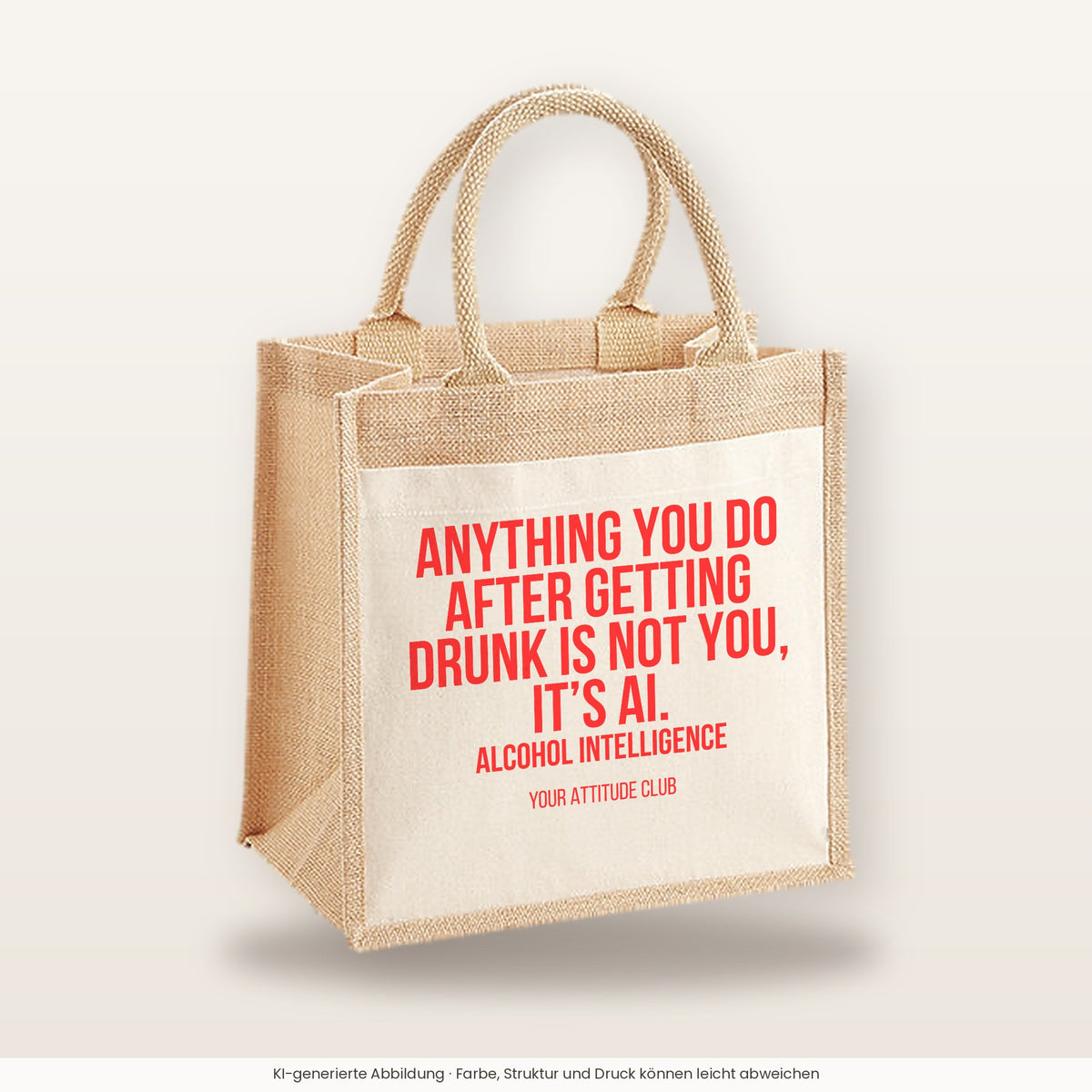 Anything you do after getting drunk is not you, it's AI. Alcohol Intelligence – Jutetasche mit Spruch, mittlere Jutetasche 30 × 30 cm