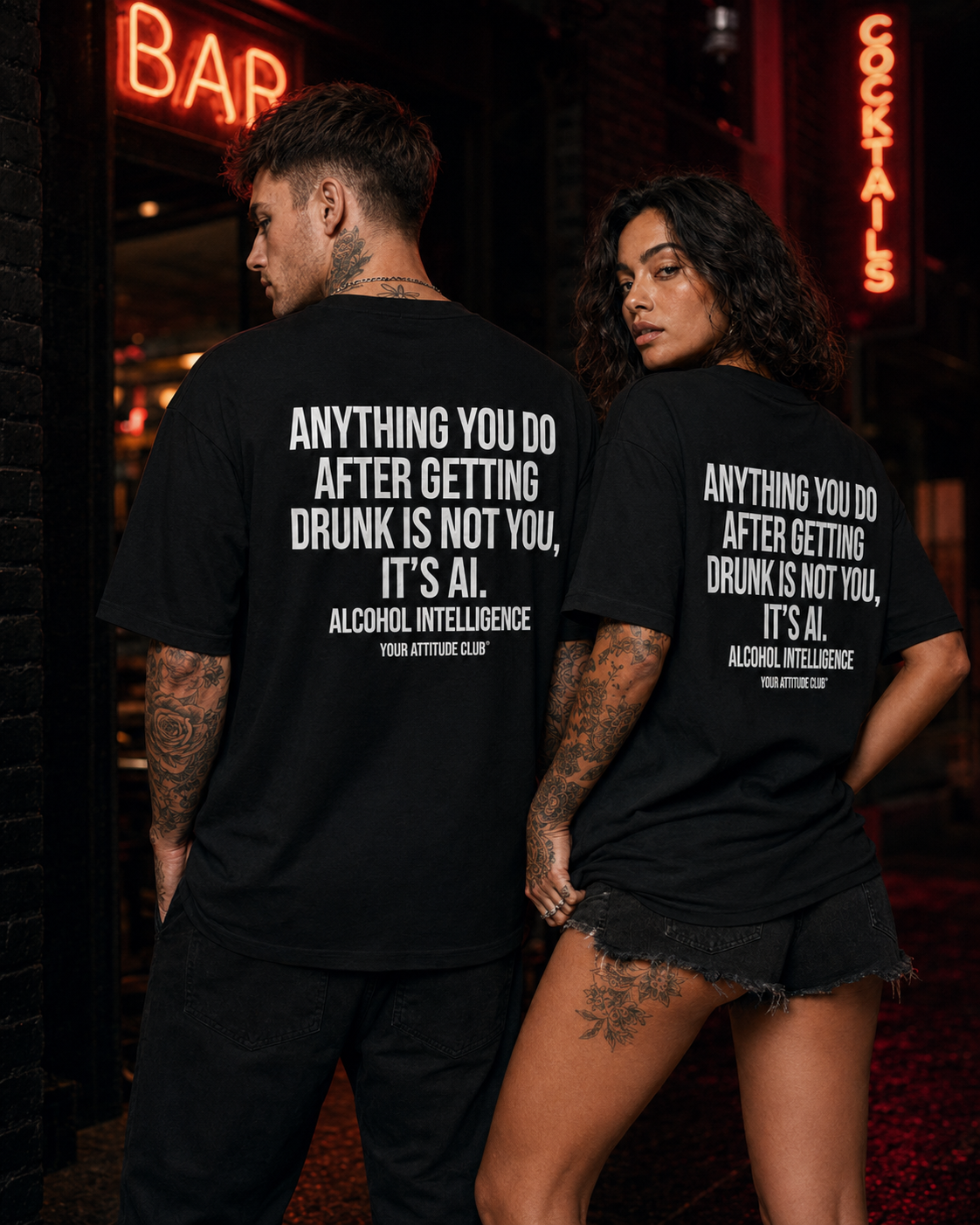 ANYTHING YOU DO AFTER GETTING DRUNK IS NOT YOU, IT’S AI – weißes Unisex Oversize Shirt, roter Backprint, Party T-Shirt, Alkohol Humor, Streetwear