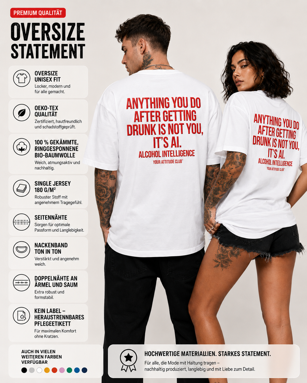 ANYTHING YOU DO AFTER GETTING DRUNK IS NOT YOU, IT’S AI – weißes Unisex Oversize Shirt, roter Backprint, Party T-Shirt, Alkohol Humor, Streetwear