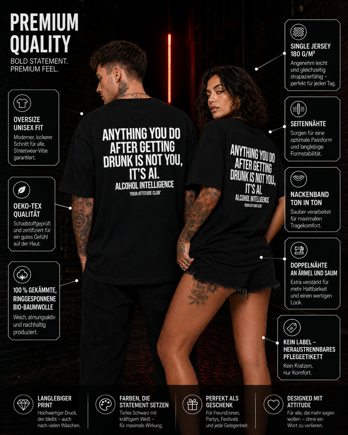 ANYTHING YOU DO AFTER GETTING DRUNK IS NOT YOU, IT’S AI – weißes Unisex Oversize Shirt, roter Backprint, Party T-Shirt, Alkohol Humor, Streetwear