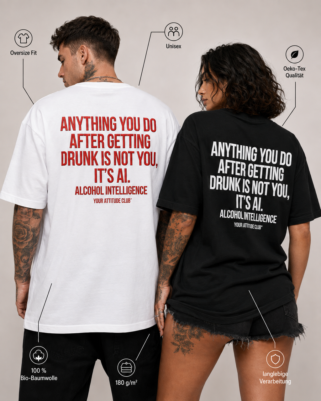 ANYTHING YOU DO AFTER GETTING DRUNK IS NOT YOU, IT’S AI – weißes Unisex Oversize Shirt, roter Backprint, Party T-Shirt, Alkohol Humor, Streetwear