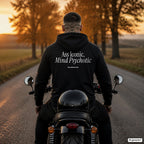 Ass Iconic, Mind Psychotic – schwarzer Hoodie mit weißem Backprint, Herren auf dem Motorrad