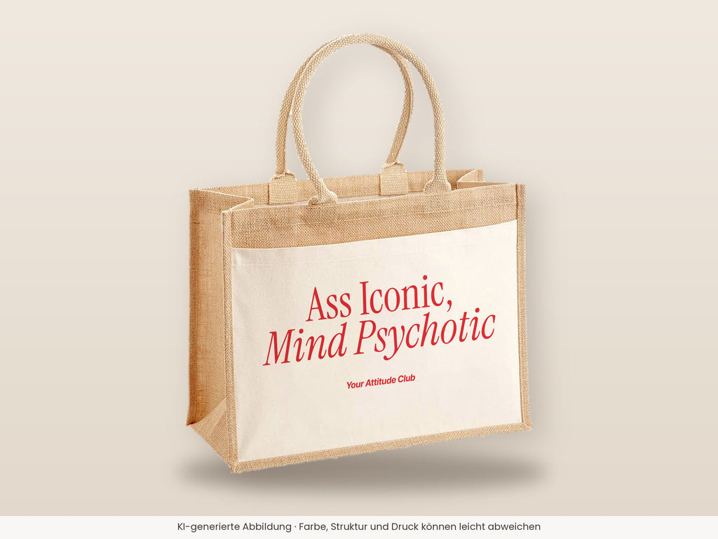 Ass Iconic, Mind Psychotic – Jutetasche mit Spruch, große Jutetasche, Detailansicht