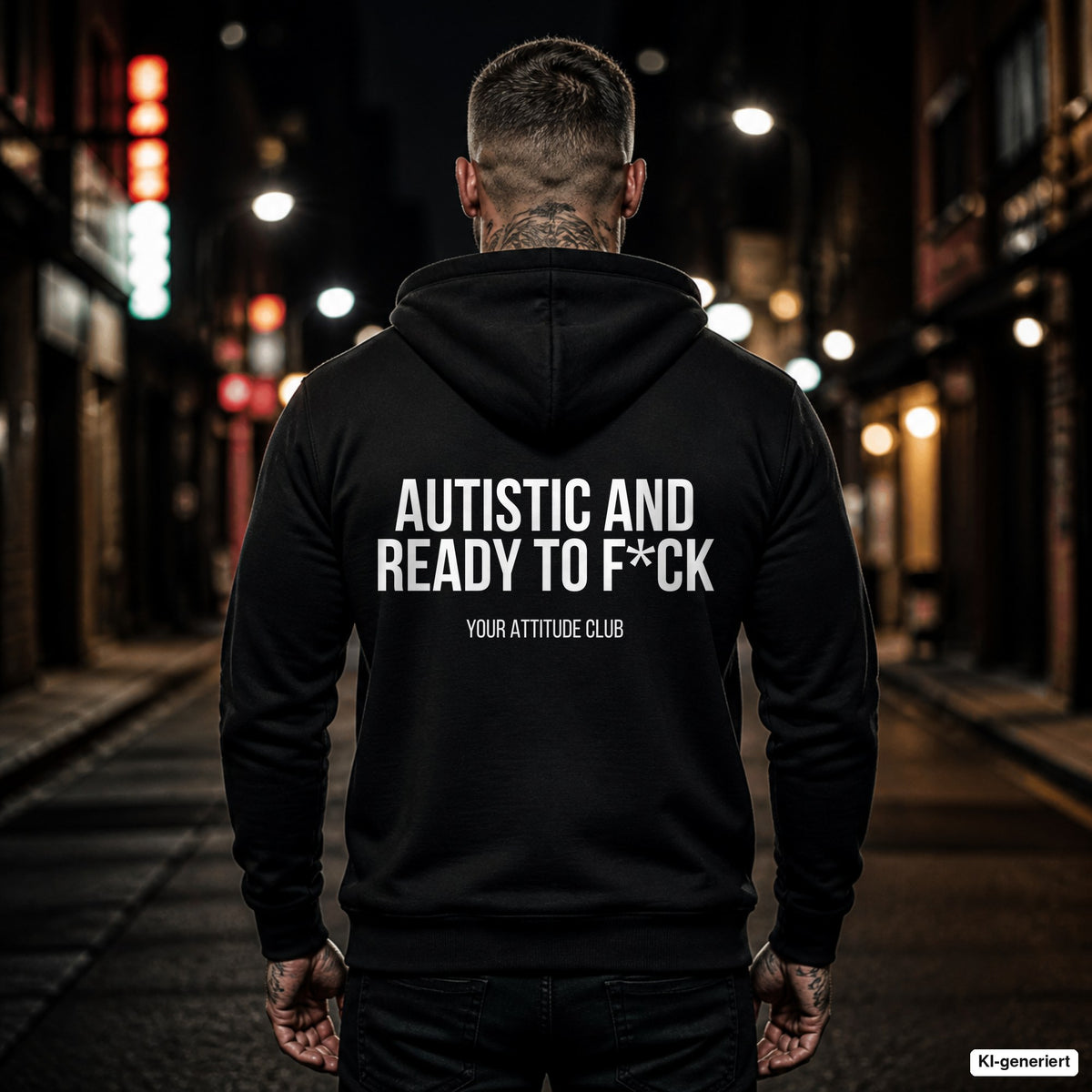 Autistic and ready to f*ck – schwarzer Hoodie mit weißem Backprint, Herren in der Stadt bei Nacht