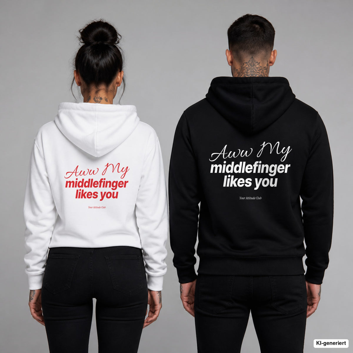 Aww My Middlefinger Likes You – Hoodie mit Backprint, Frau in Weiß mit rotem und Mann in Schwarz mit weißem Aufdruck