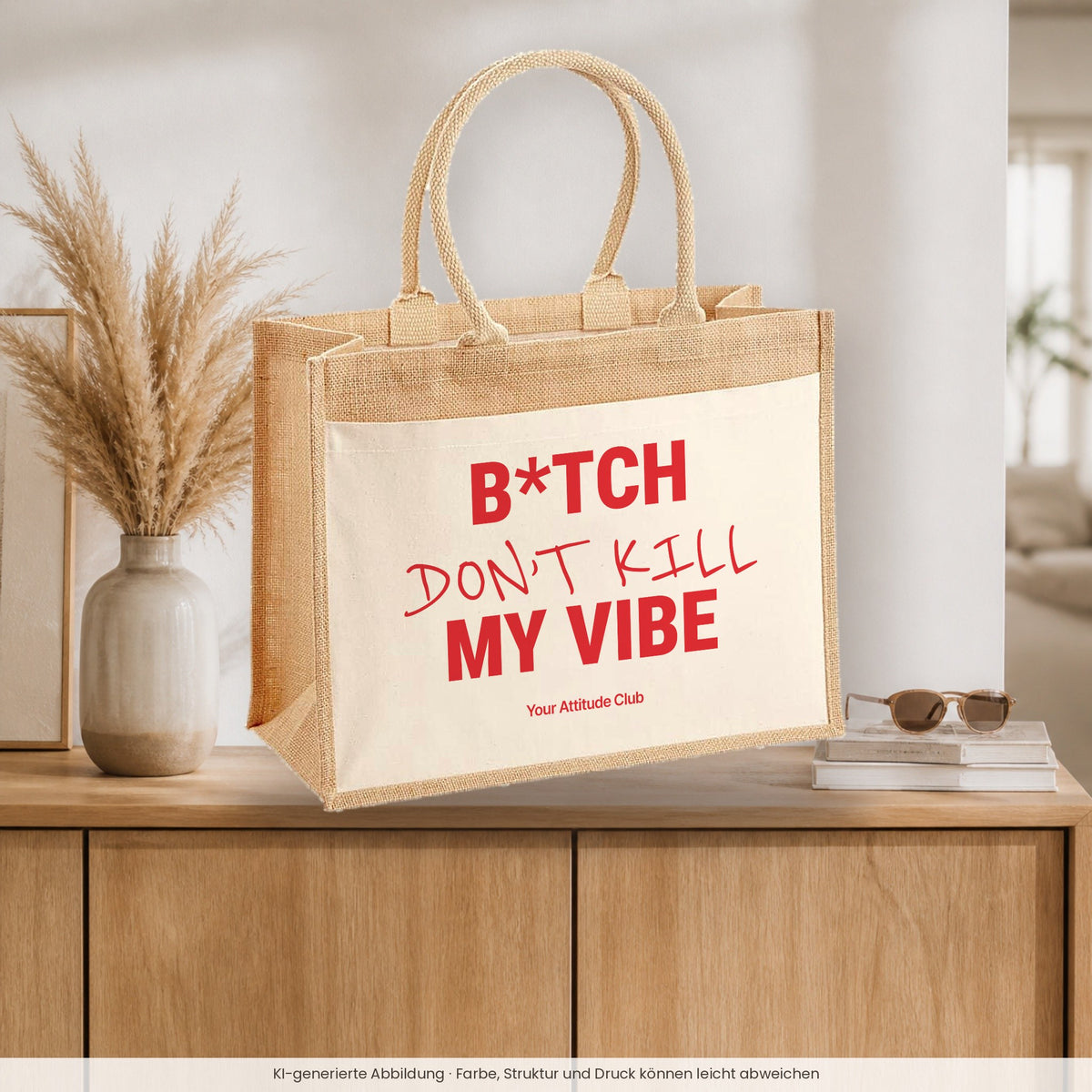 B*tch Don’t Kill My Vibe – Jutetasche mit Spruch, auf dem Sideboard im Flur