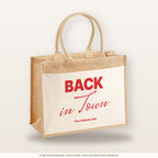 Back in Town – Jutetasche mit Spruch, große Jutetasche, Produktansicht