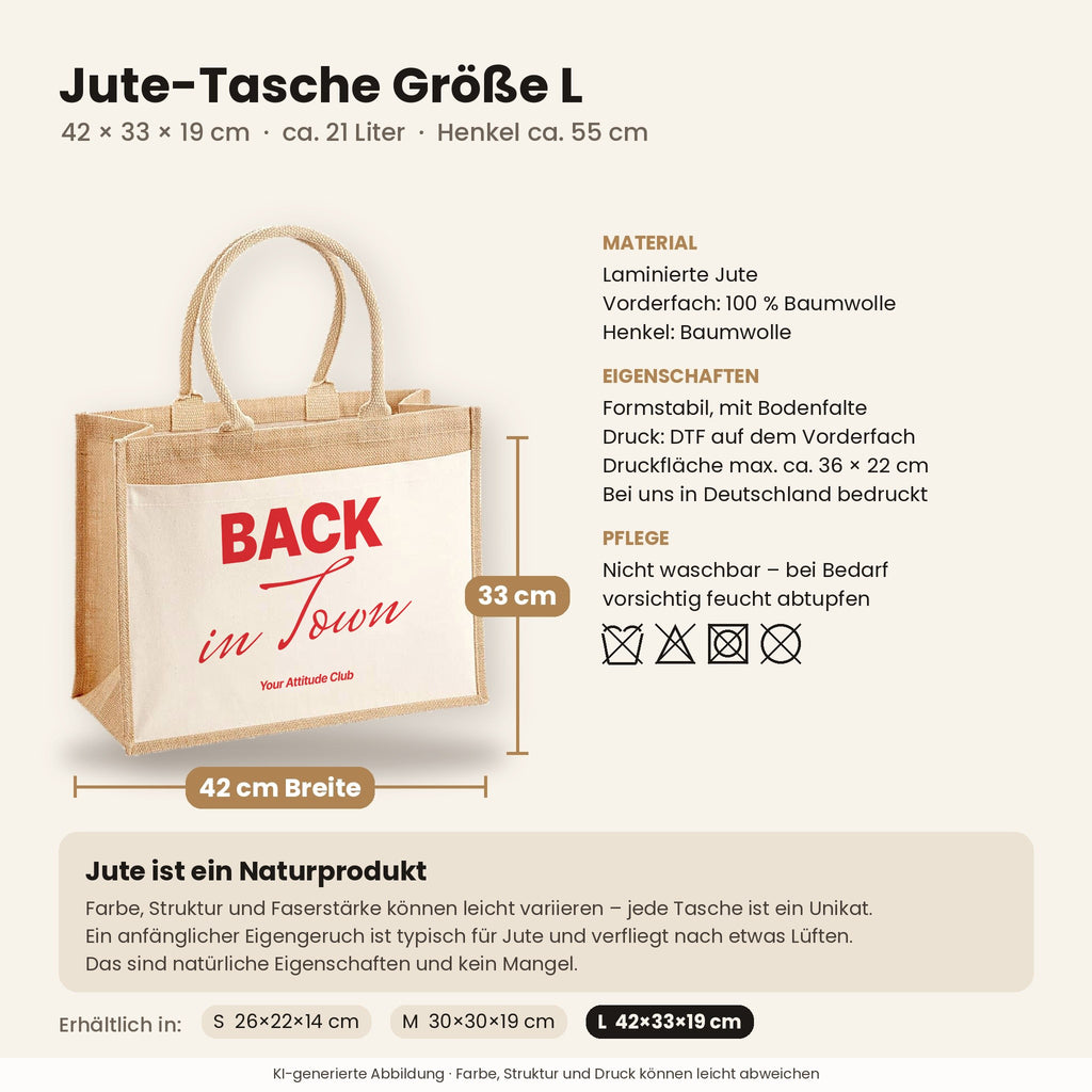 Back in Town – Jutetasche mit Spruch, Maße, Material und Pflege