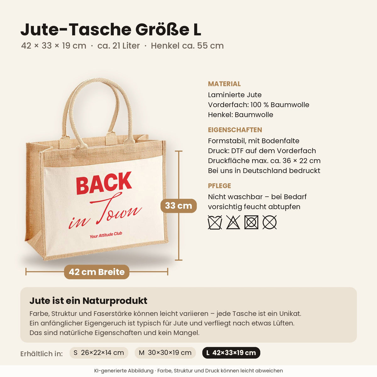 Back in Town – Jutetasche mit Spruch, Maße, Material und Pflege