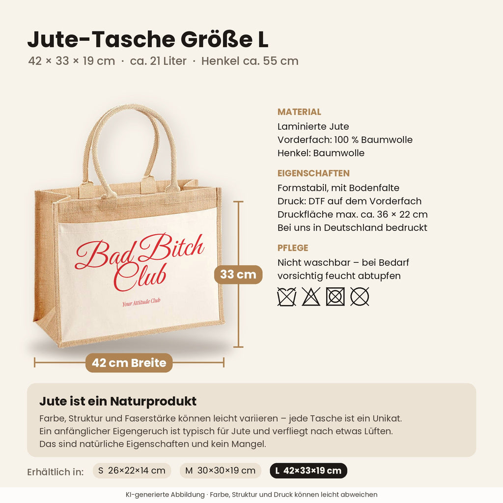 Bad Bitch Club – Jutetasche mit Spruch, Maße, Material und Pflege