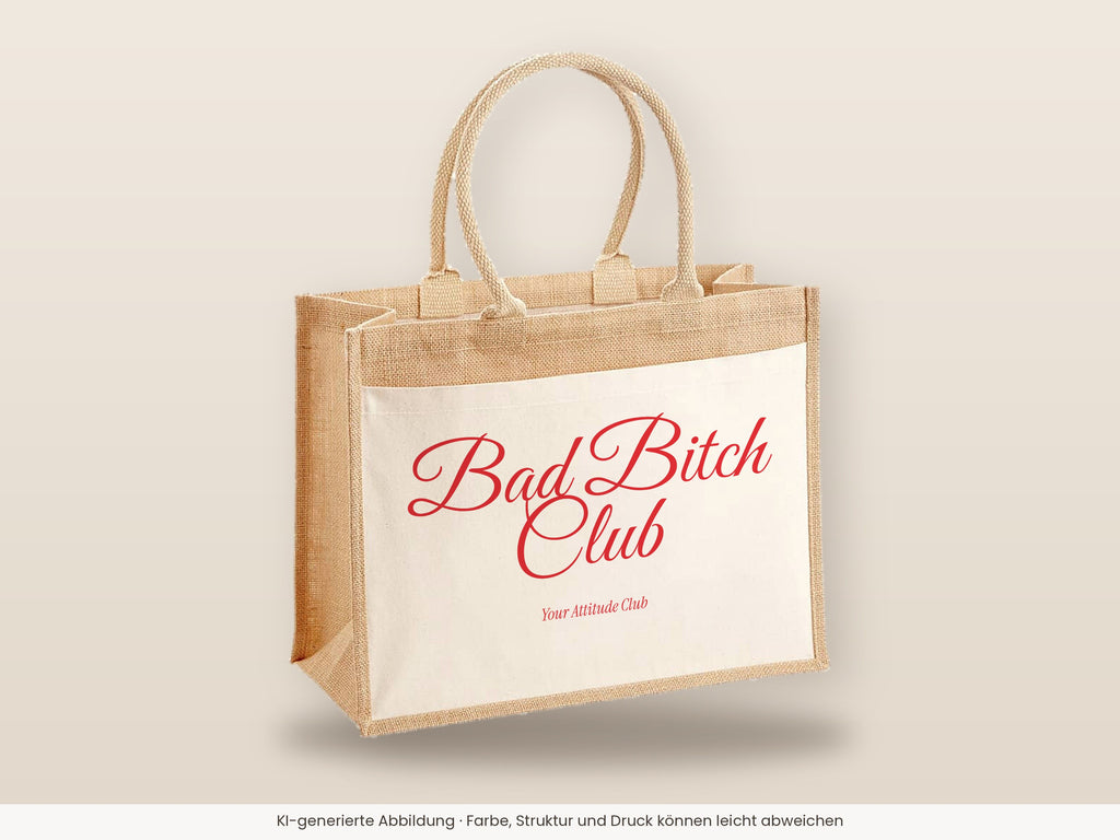 Bad Bitch Club – Jutetasche mit Spruch, große Jutetasche, Detailansicht