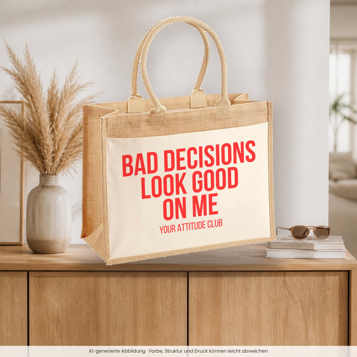 Bad decisions look good on me – Jutetasche mit Spruch, auf dem Sideboard im Flur
