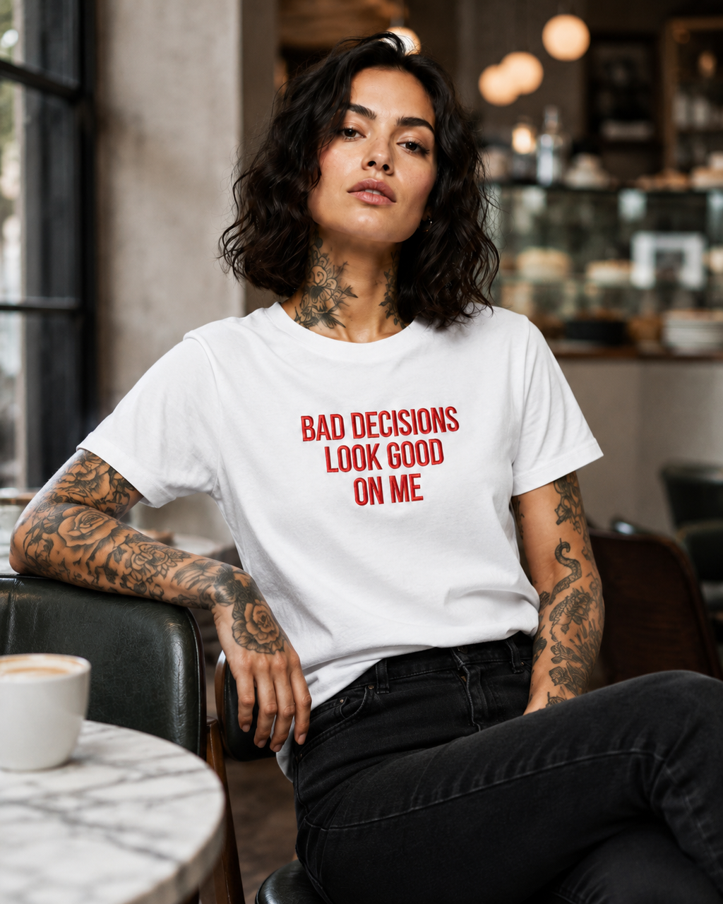 BAD DECISIONS LOOK GOOD ON ME – besticktes Damen Shirt, Statement T-Shirt aus Bio-Baumwolle, Geschenk für Freundin, freches Shirt in Weiß oder Schwarz