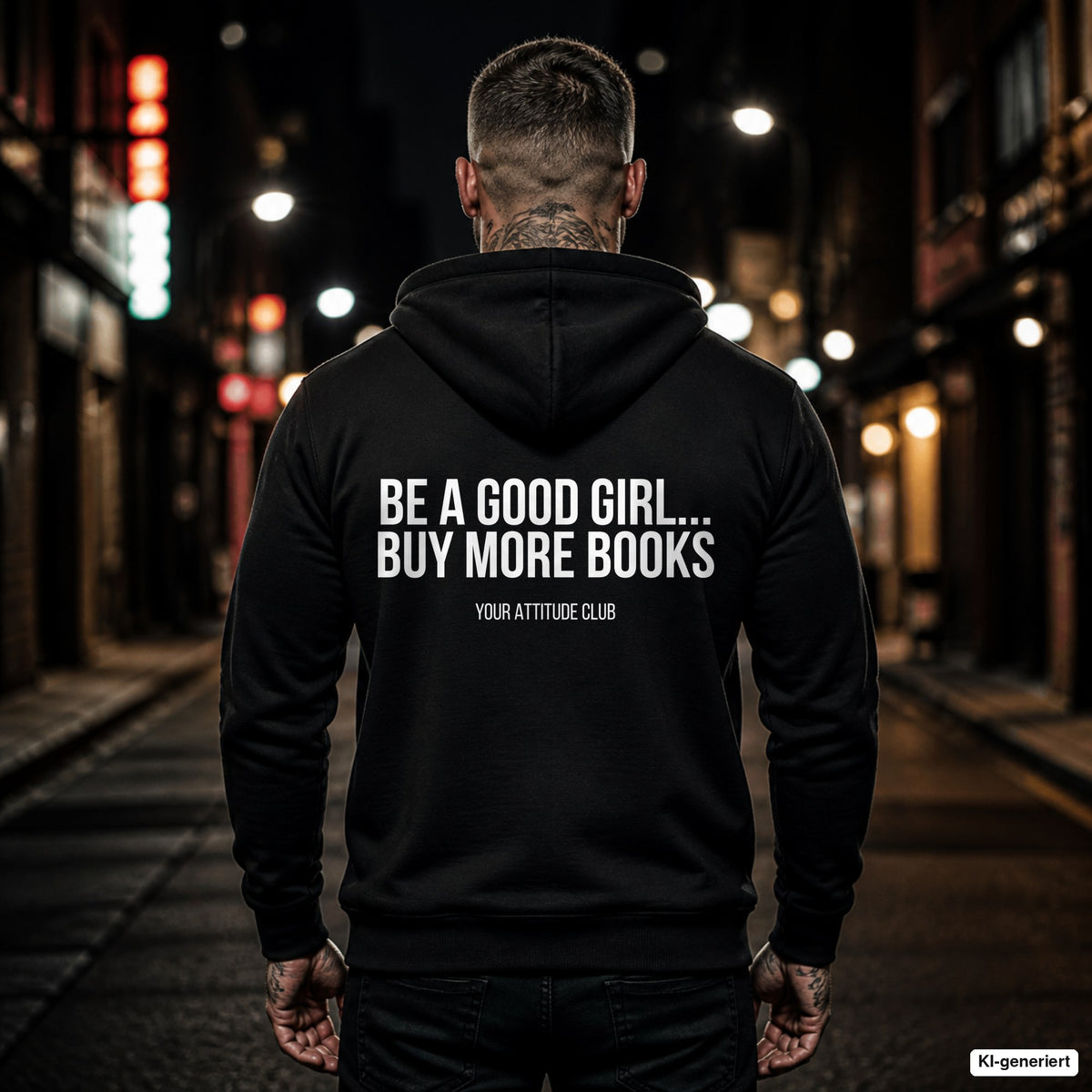 Be a good girl... buy more books – schwarzer Hoodie mit weißem Backprint, Herren in der Stadt bei Nacht