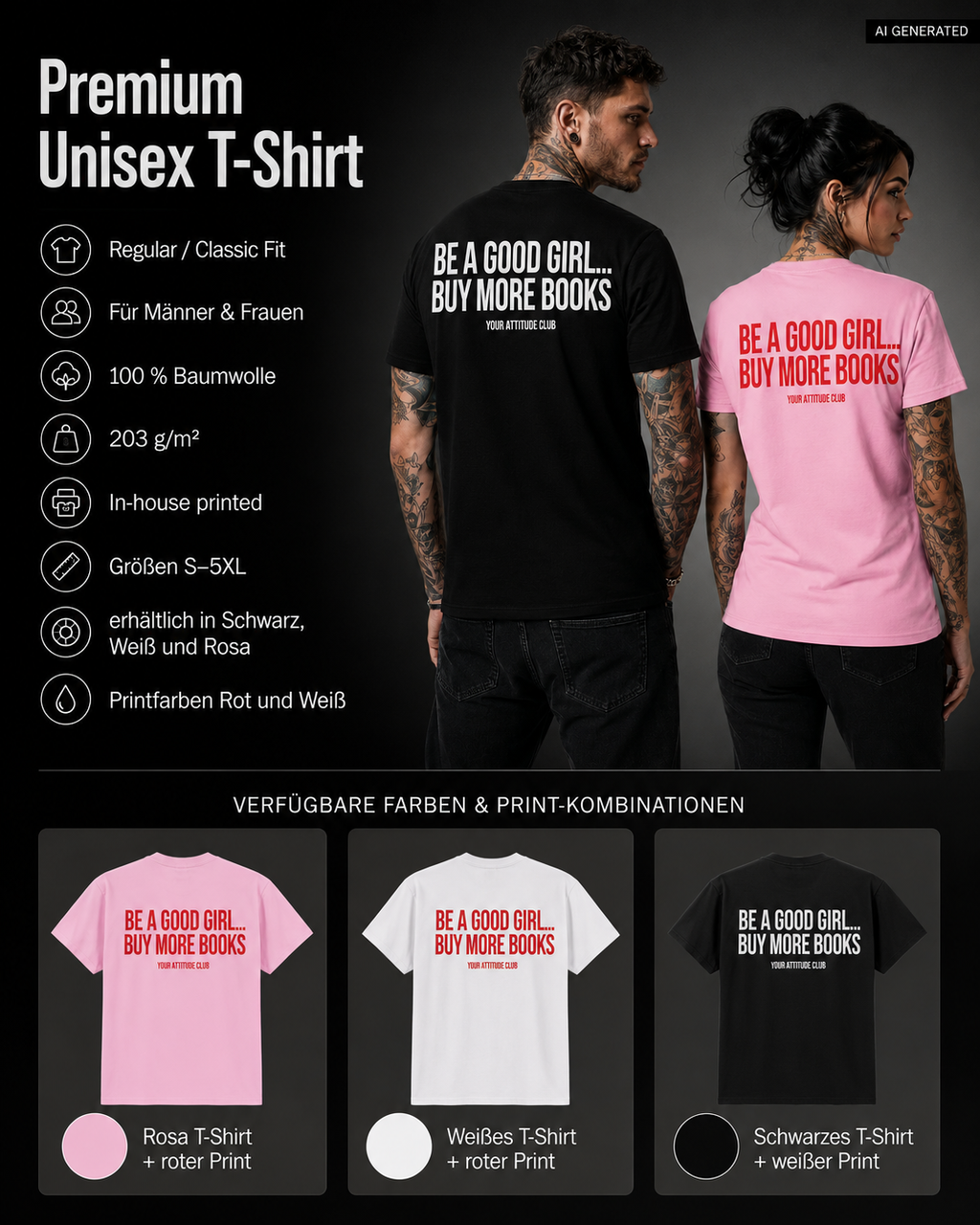 BE A GOOD GIRL... BUY MORE BOOKS – Weißes Unisex T-Shirt mit rotem Backprint | Book Lover Shirt | BookTok Shirt | Regular Fit
