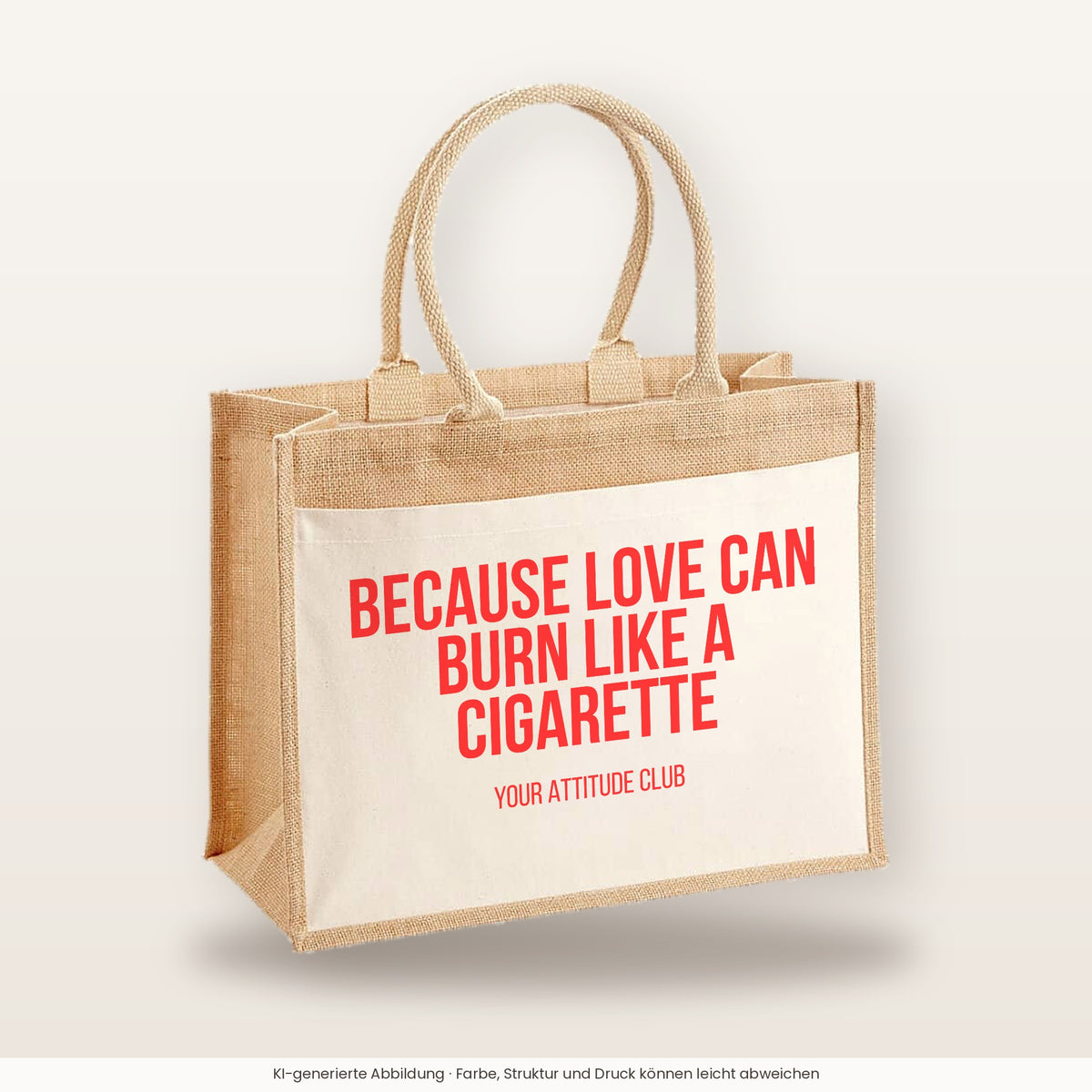 Because love can burn like a cigarette – Jutetasche mit Spruch, große Jutetasche, Produktansicht
