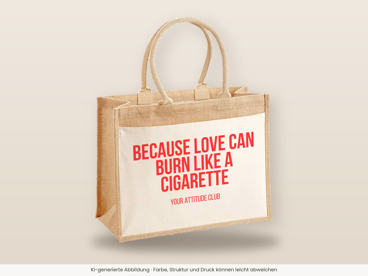 Because love can burn like a cigarette – Jutetasche mit Spruch, große Jutetasche, Detailansicht