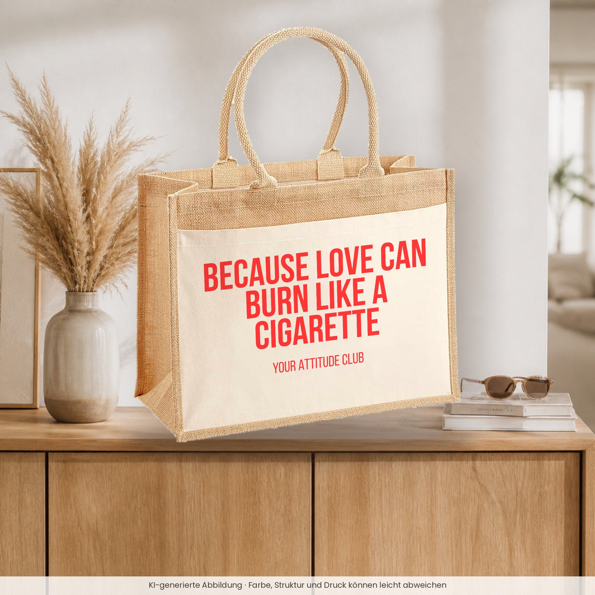 Because love can burn like a cigarette – Jutetasche mit Spruch, auf dem Sideboard im Flur