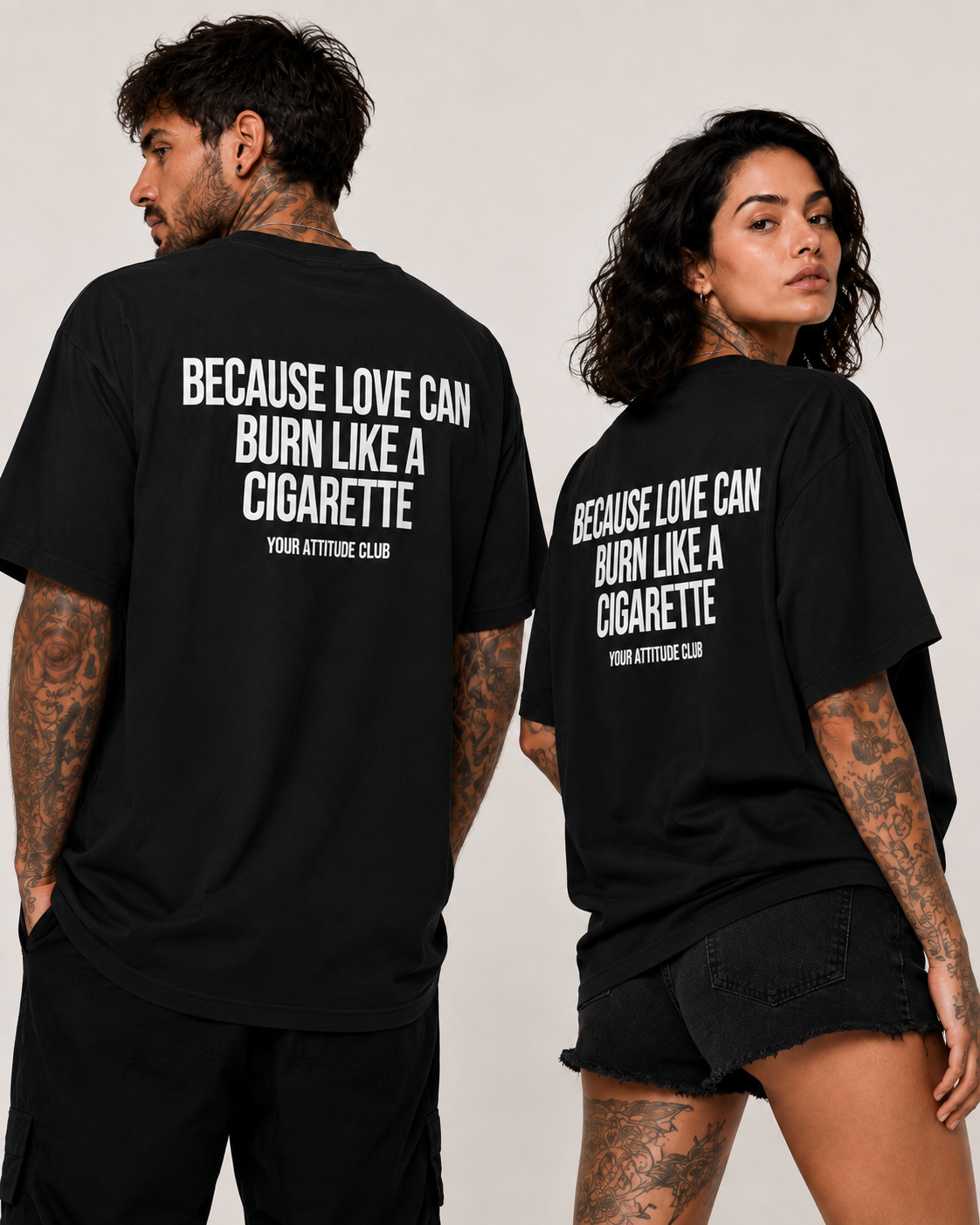 BECAUSE LOVE CAN BURN LIKE A CIGARETTE – schwarzes Unisex Oversize Shirt mit weißem Backprint, Statement T-Shirt, Dating Humor, Streetwear