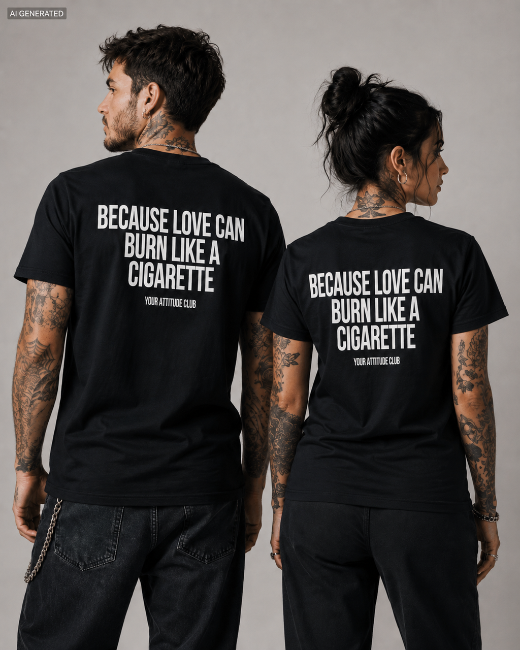 BECAUSE LOVE CAN BURN LIKE A CIGARETTE – Schwarzes Unisex T-Shirt mit weißem Backprint | Regular Fit Heartbreak Statement Shirt