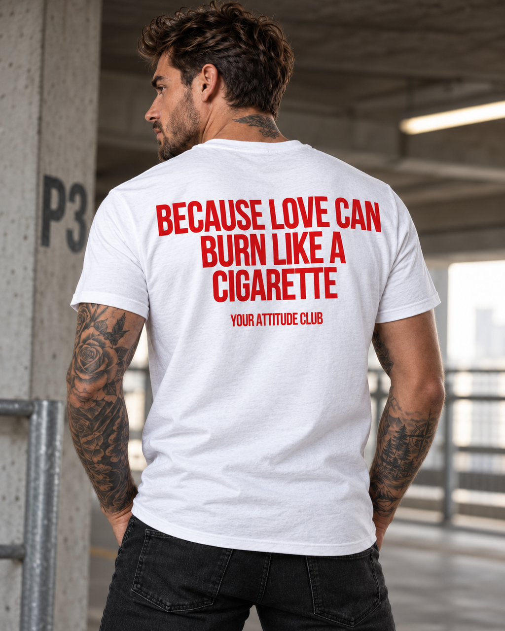 BECAUSE LOVE CAN BURN LIKE A CIGARETTE – Unisex Statement T-Shirt Weiß mit rotem Backprint | provokantes Sprüche Shirt