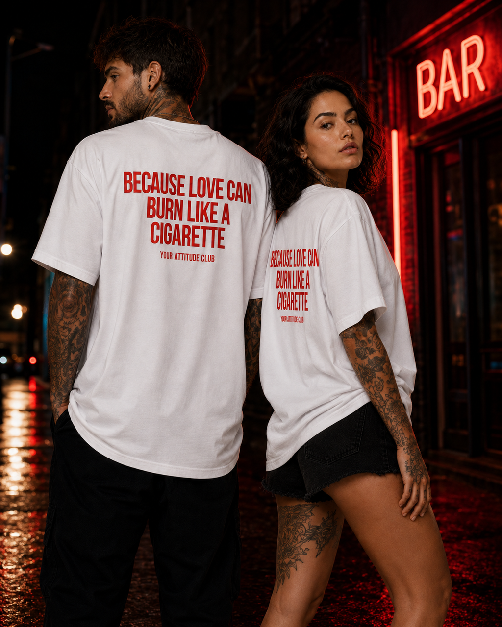 BECAUSE LOVE CAN BURN LIKE A CIGARETTE – schwarzes Unisex Oversize Shirt mit weißem Backprint, Statement T-Shirt, Dating Humor, Streetwear
