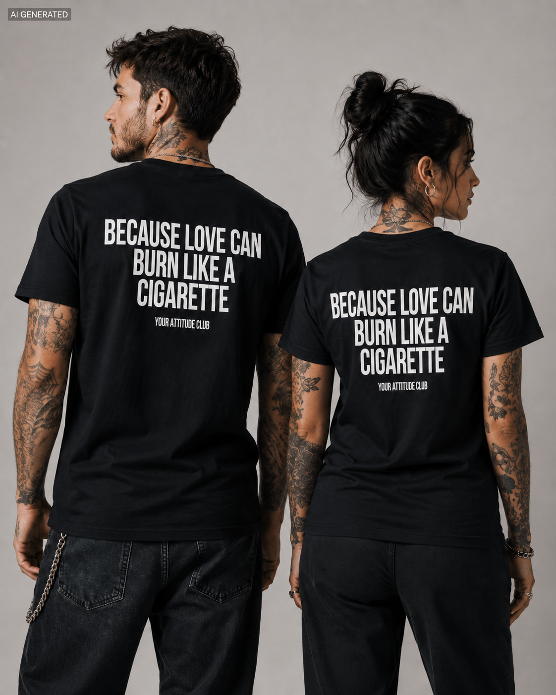 BECAUSE LOVE CAN BURN LIKE A CIGARETTE – Weißes Unisex T-Shirt mit rotem Backprint | Regular Fit Heartbreak Statement Shirt