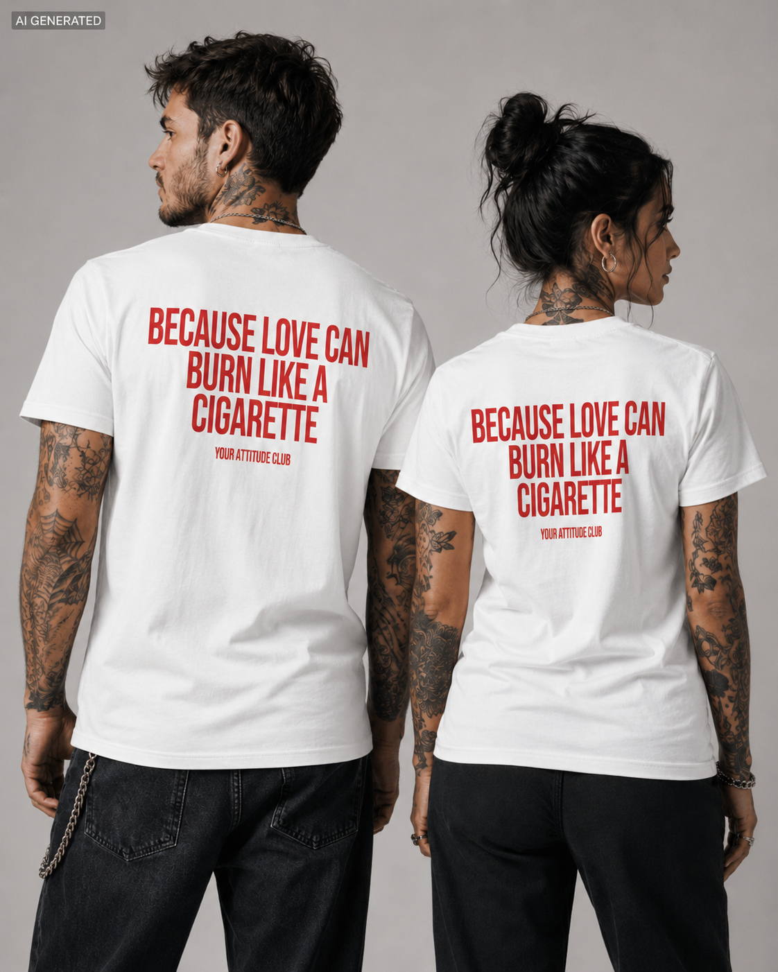 BECAUSE LOVE CAN BURN LIKE A CIGARETTE – Weißes Unisex T-Shirt mit rotem Backprint | Regular Fit Heartbreak Statement Shirt
