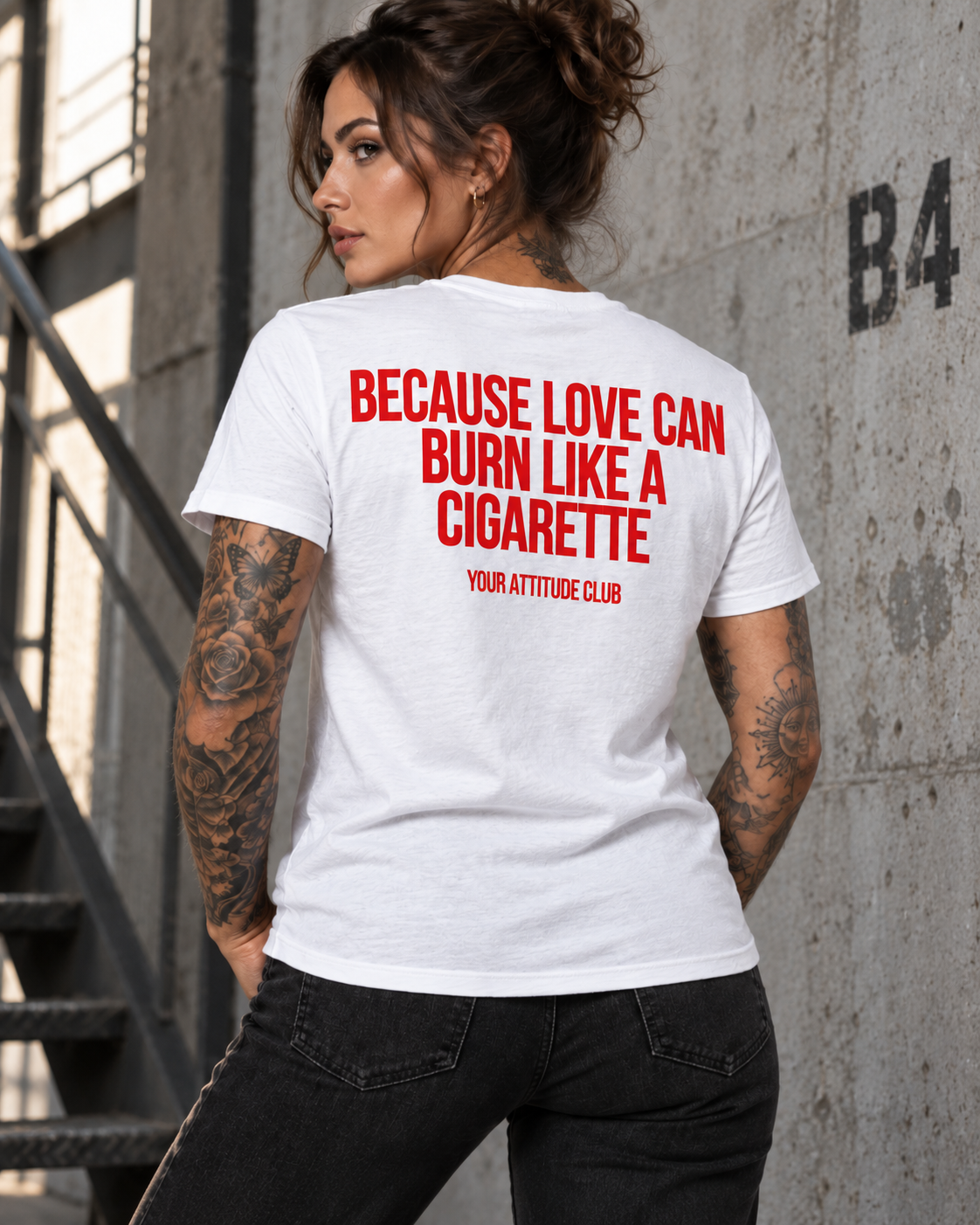BECAUSE LOVE CAN BURN LIKE A CIGARETTE – Unisex Statement T-Shirt Weiß mit rotem Backprint | provokantes Sprüche Shirt