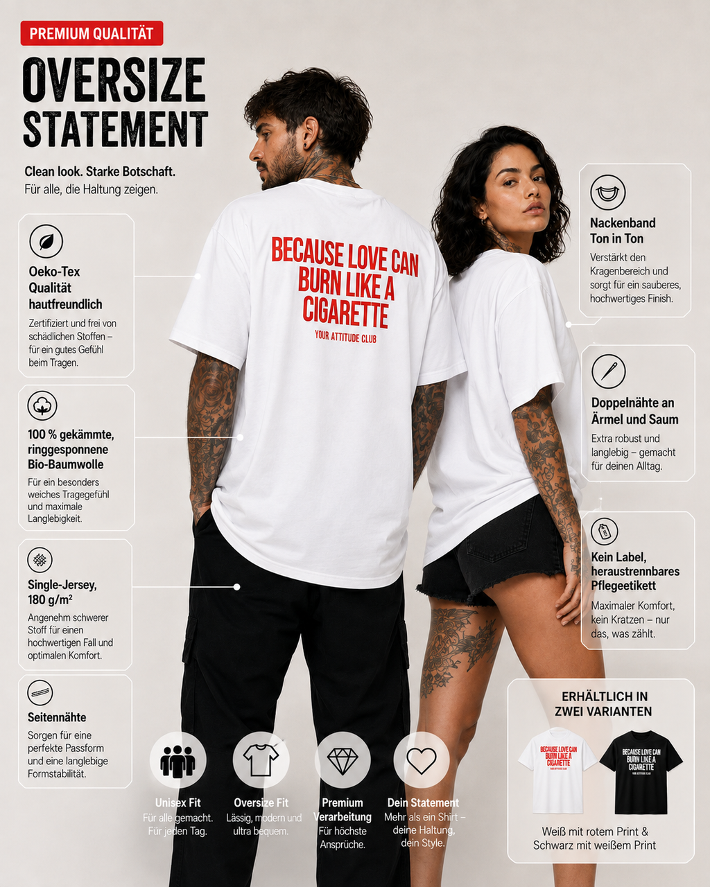BECAUSE LOVE CAN BURN LIKE A CIGARETTE – schwarzes Unisex Oversize Shirt mit weißem Backprint, Statement T-Shirt, Dating Humor, Streetwear