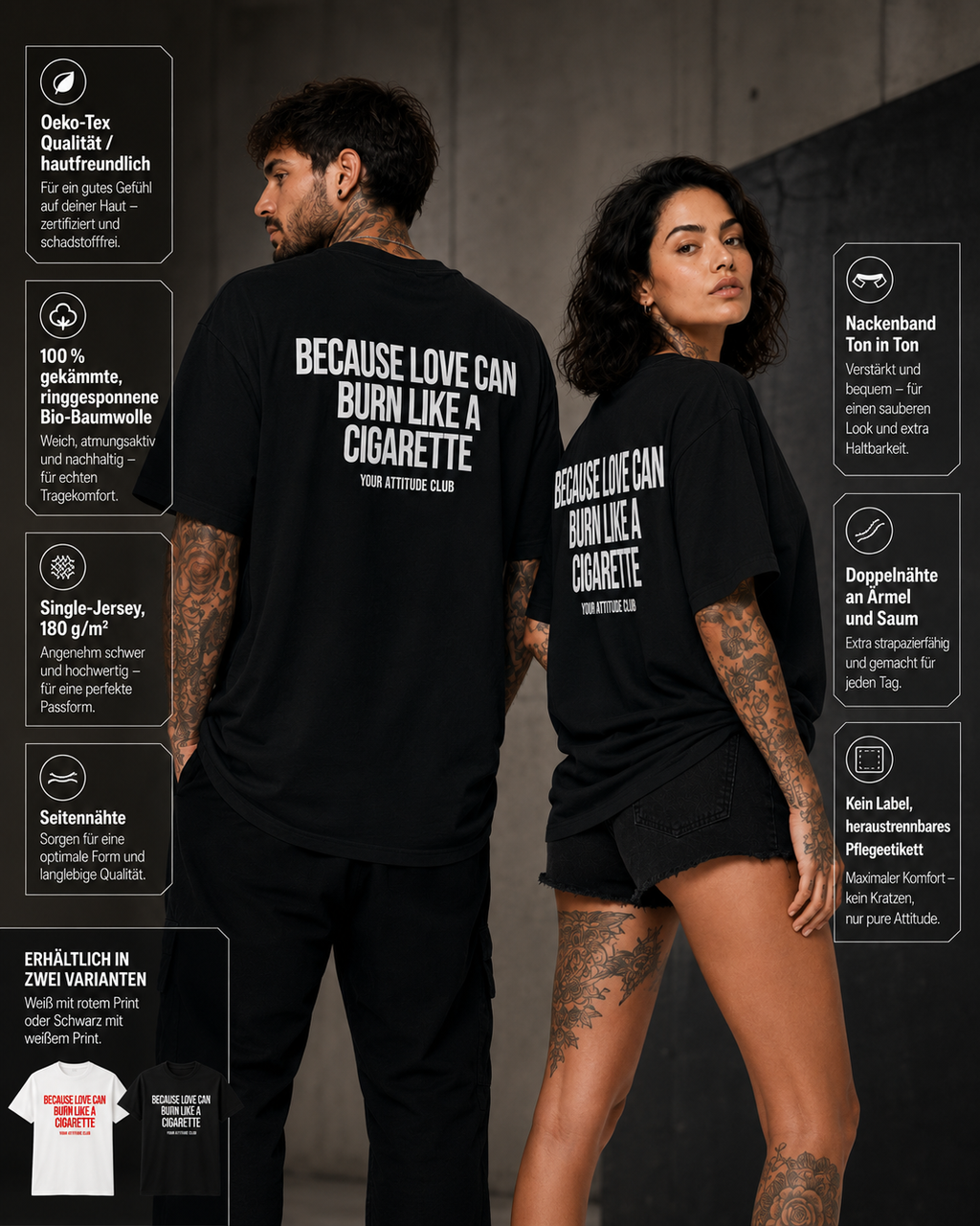 BECAUSE LOVE CAN BURN LIKE A CIGARETTE – schwarzes Unisex Oversize Shirt mit weißem Backprint, Statement T-Shirt, Dating Humor, Streetwear