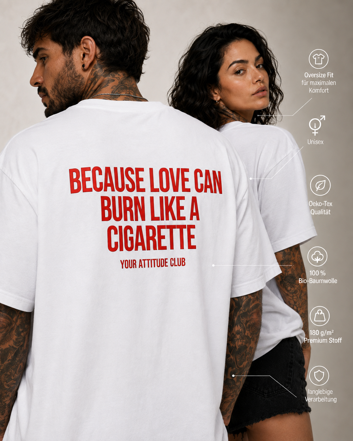 BECAUSE LOVE CAN BURN LIKE A CIGARETTE – schwarzes Unisex Oversize Shirt mit weißem Backprint, Statement T-Shirt, Dating Humor, Streetwear