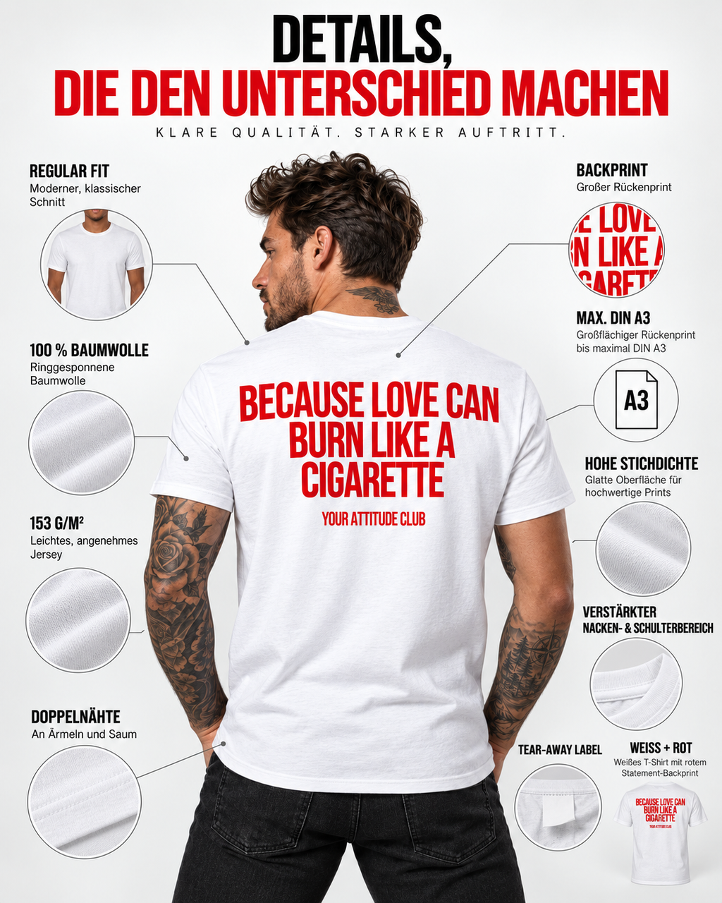 BECAUSE LOVE CAN BURN LIKE A CIGARETTE – Unisex Statement T-Shirt Weiß mit rotem Backprint | provokantes Sprüche Shirt