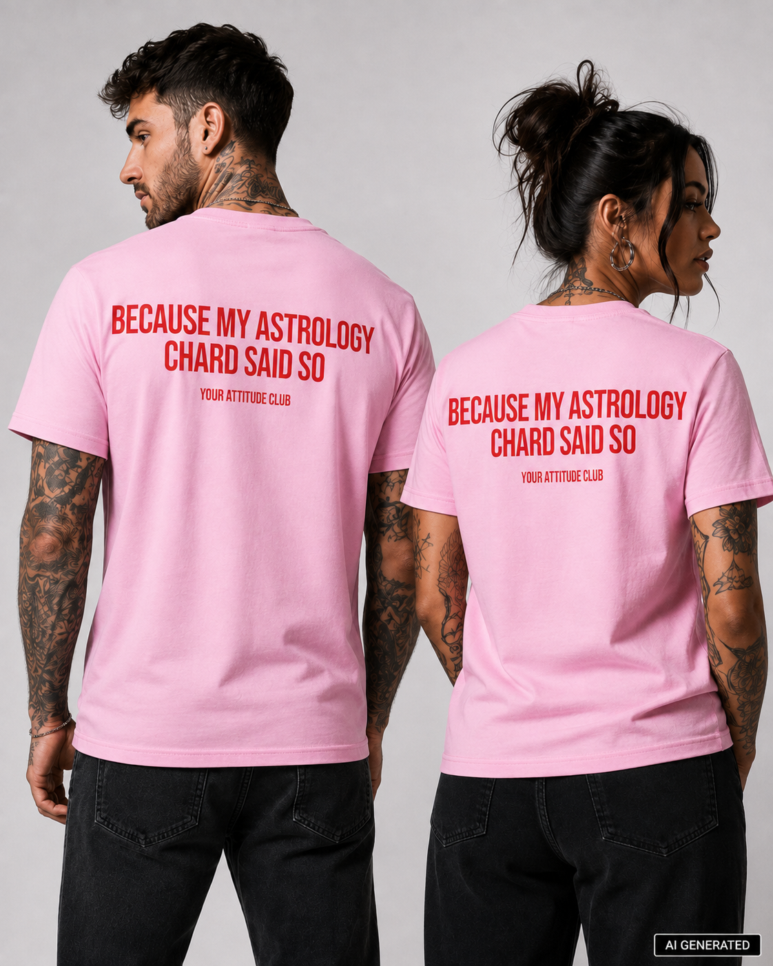 BECAUSE MY ASTROLOGY CHARD SAID SO – Rosa Unisex T-Shirt mit rotem Backprint | Astrology Zodiac Shirt | Funny Regular Fit Statement Shirt