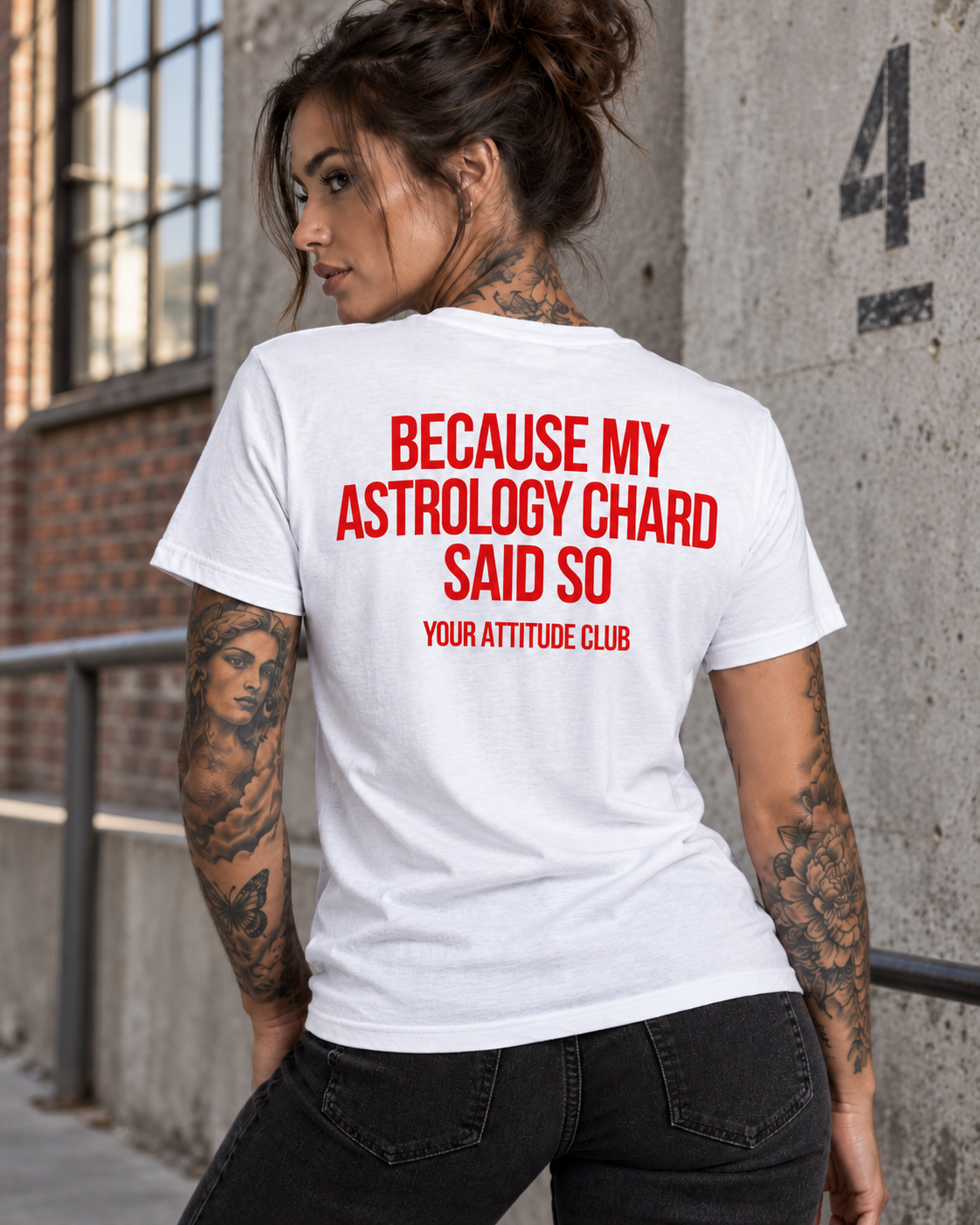 BECAUSE MY ASTROLOGY CHARD SAID SO – Unisex Statement T-Shirt Weiß mit rotem Backprint | lustiges Astrologie Sprüche Shirt