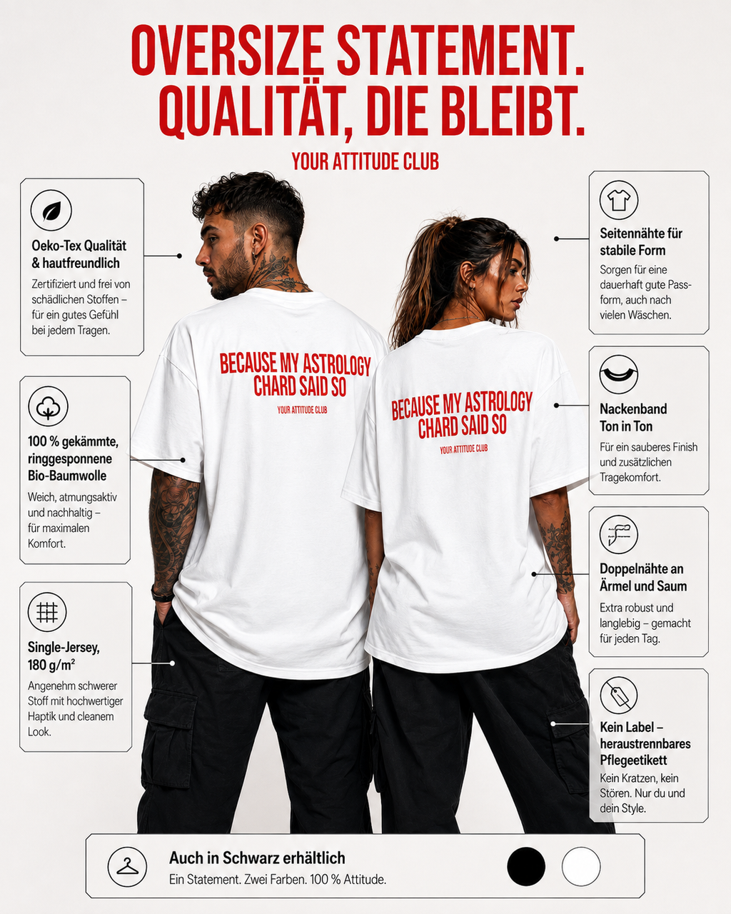 BECAUSE MY ASTROLOGY CHARD SAID SO – weißes Unisex Oversize Shirt mit rotem Backprint, lustiges Astro Statement T-Shirt, Sternzeichen Geschenk