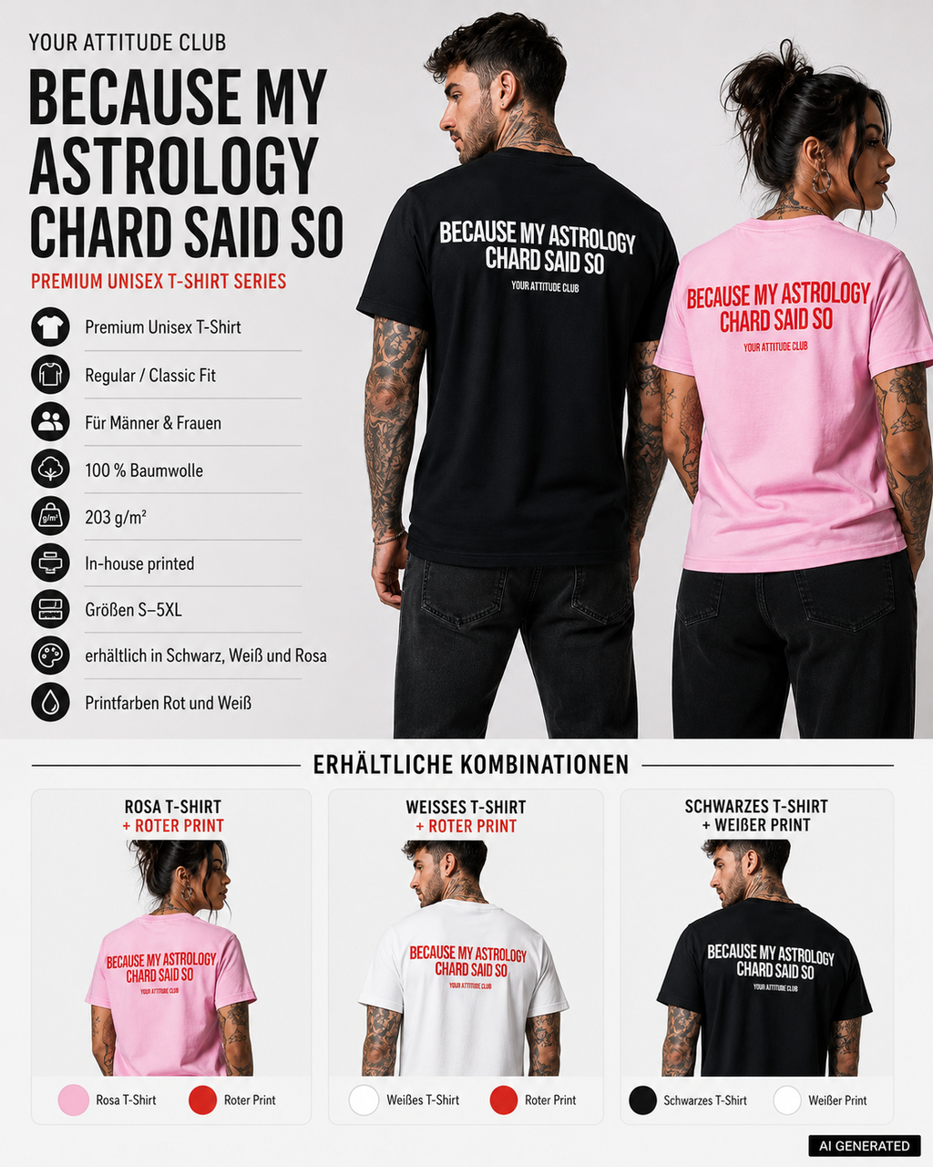 BECAUSE MY ASTROLOGY CHARD SAID SO – Weißes Unisex T-Shirt mit rotem Backprint | Astrology Zodiac Shirt | Regular Fit Statement Shirt