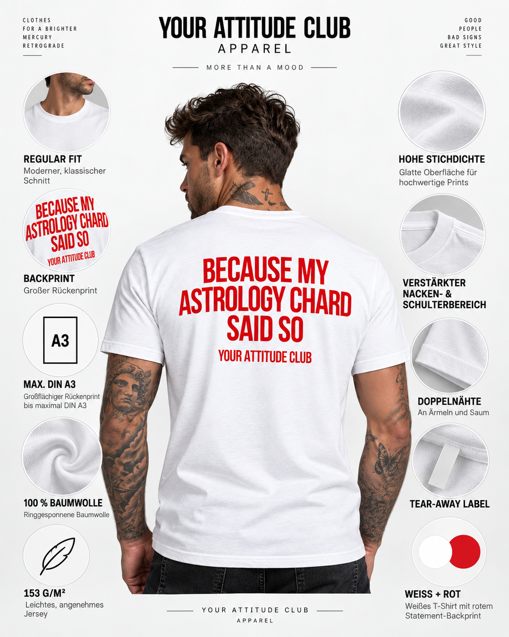 BECAUSE MY ASTROLOGY CHARD SAID SO – Unisex Statement T-Shirt Weiß mit rotem Backprint | lustiges Astrologie Sprüche Shirt