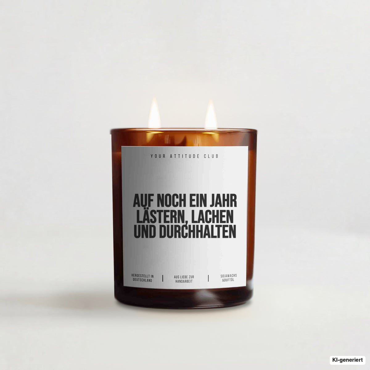 „Auf noch ein Jahr Lästern, Lachen und Durchhalten“ – Duftkerze mit Spruch im Bernstein-Becherglas mit 2 Dochten