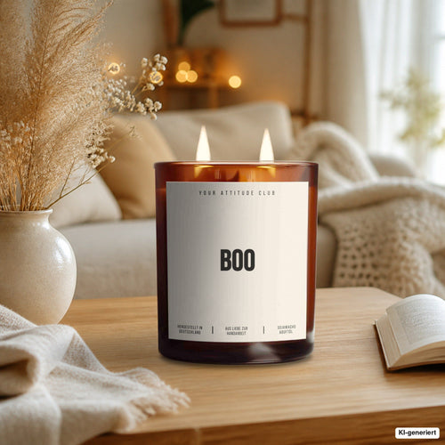 Kerze „Boo“ als Geschenk auf dem Wohnzimmertisch