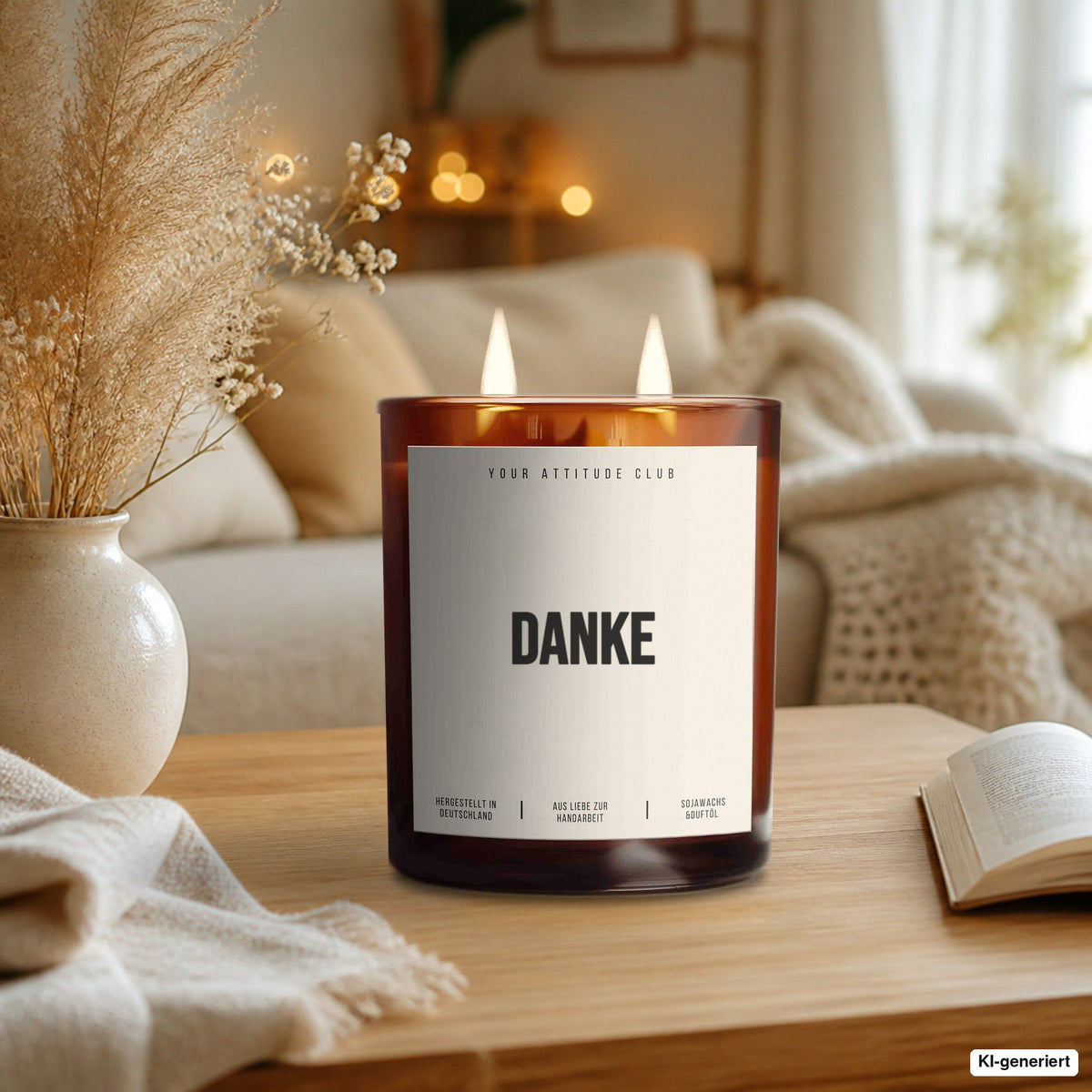 Kerze „Danke“ als Geschenk auf dem Wohnzimmertisch