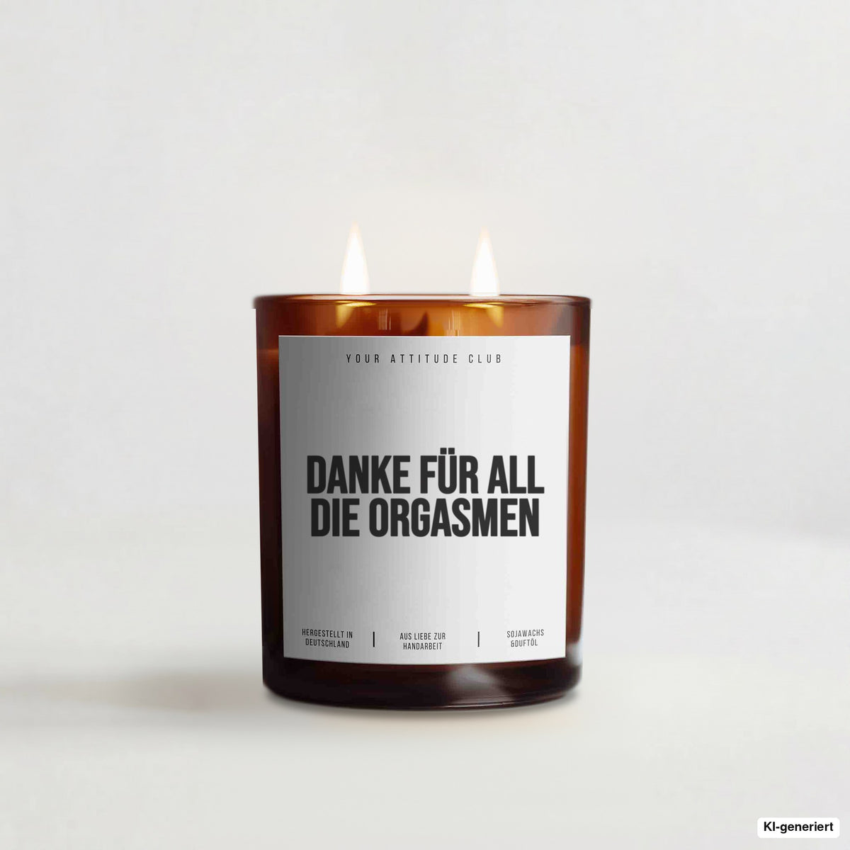„Danke für all die Orgasmen“ – Duftkerze mit Spruch im Bernstein-Becherglas mit 2 Dochten