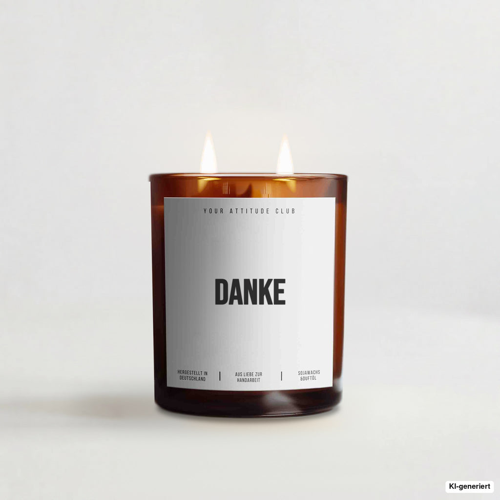 „Danke“ – Duftkerze mit Spruch im Bernstein-Becherglas mit 2 Dochten