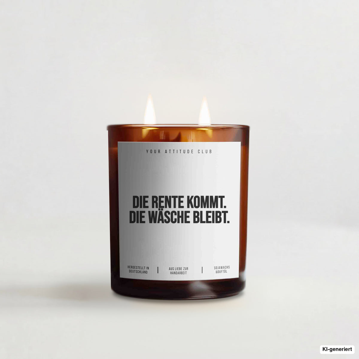 „Die Rente kommt. Die Wäsche bleibt.“ – Duftkerze mit Spruch im Bernstein-Becherglas mit 2 Dochten