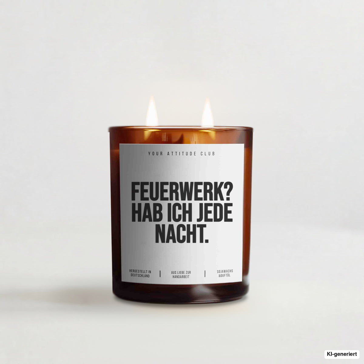 „Feuerwerk? Hab ich jede Nacht.“ – Duftkerze mit Spruch im Bernstein-Becherglas mit 2 Dochten