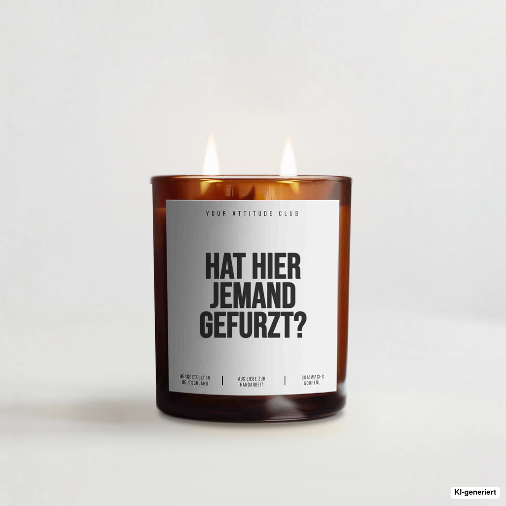 „Hat hier jemand gefurzt?“ – Duftkerze mit Spruch im Bernstein-Becherglas mit 2 Dochten