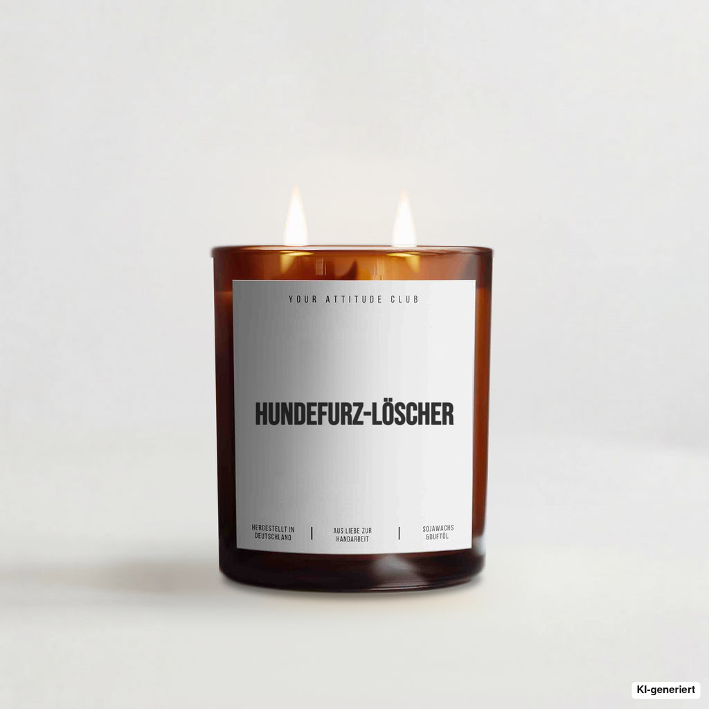„Hundefurz-Löscher“ – Duftkerze mit Spruch im Bernstein-Becherglas mit 2 Dochten