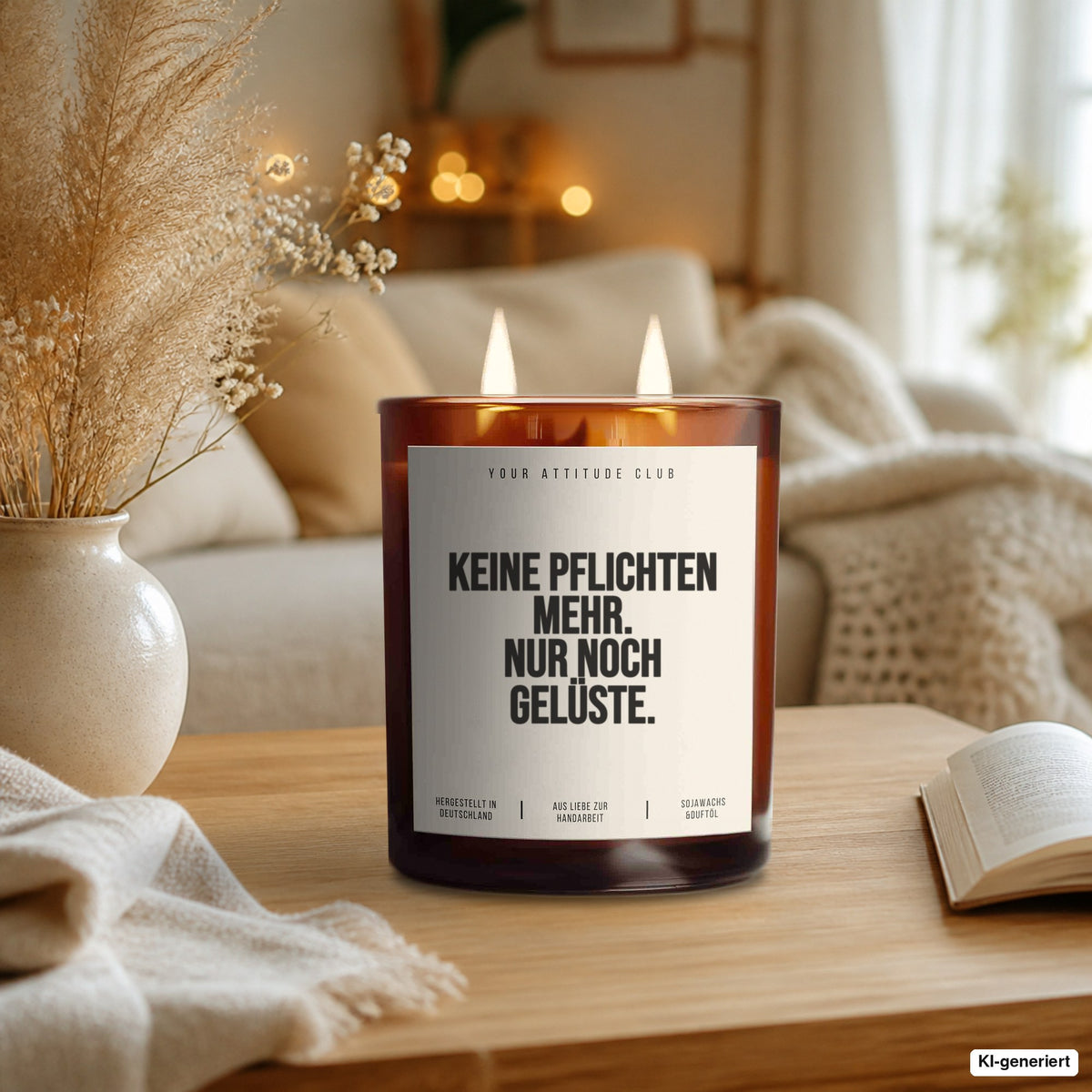 Kerze „Keine Pflichten mehr. Nur noch Gelüste.“ als Rente-Geschenk auf dem Wohnzimmertisch