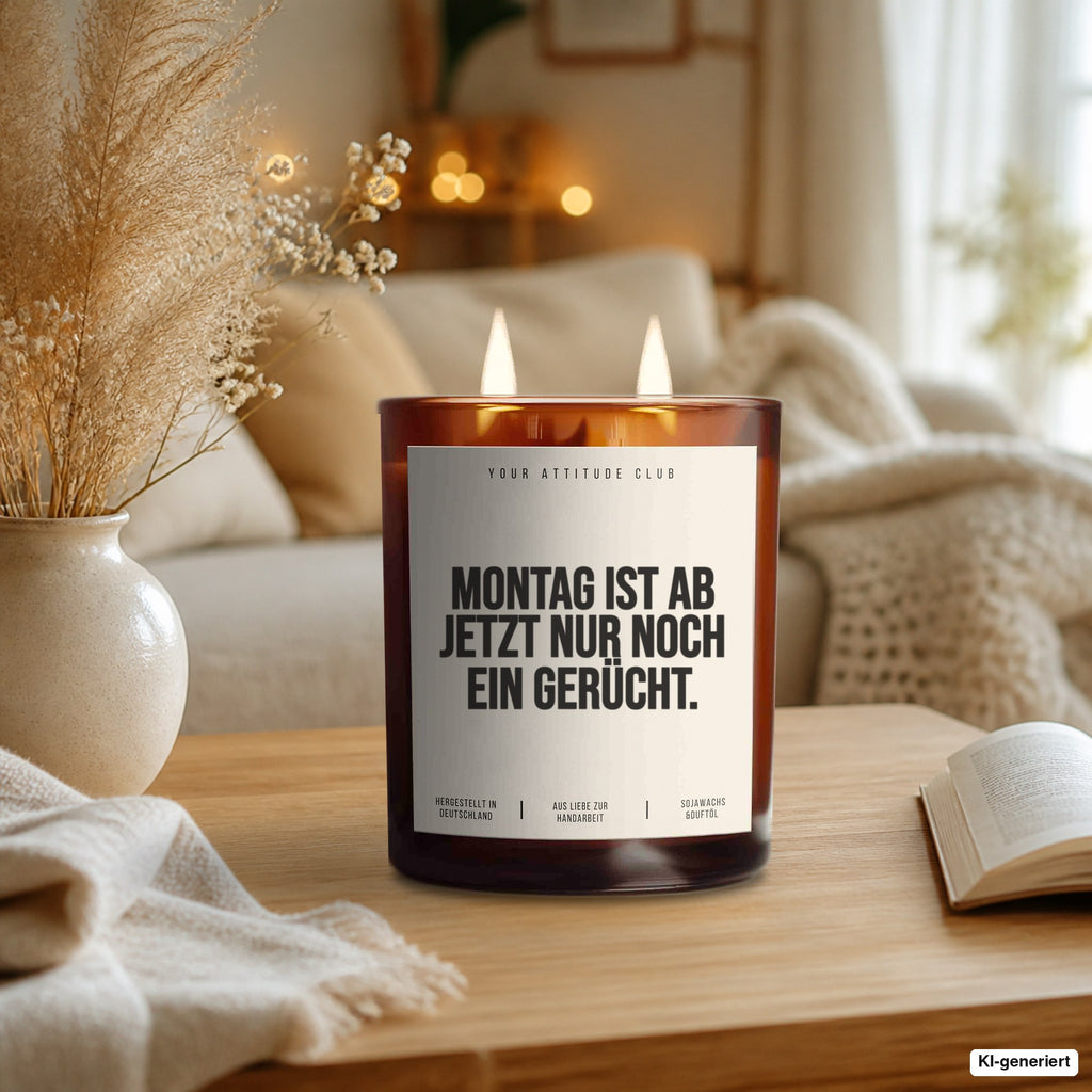 Kerze „Montag ist ab jetzt nur noch ein Gerücht.“ als Rente-Geschenk auf dem Wohnzimmertisch